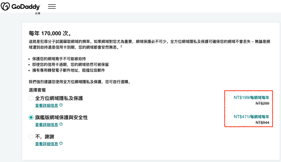 GoDaddy 网址隐私费用