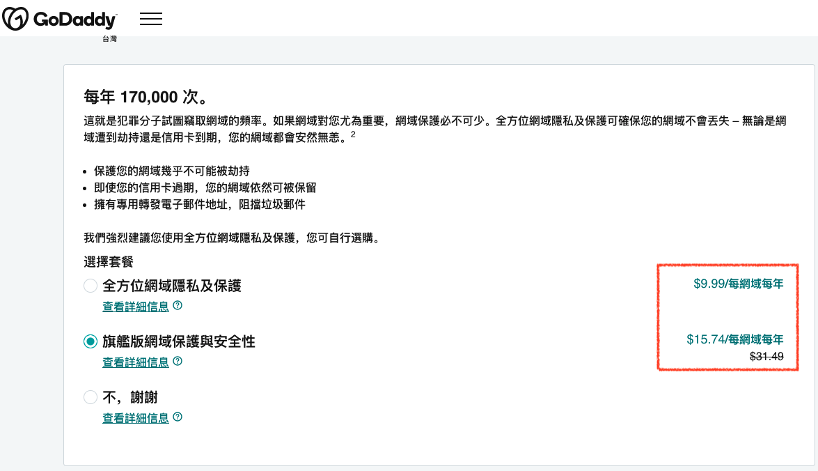 GoDaddy 网址隐私费用